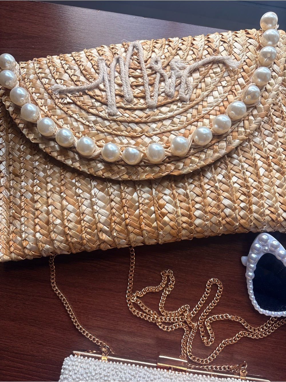 Bridal Straw Clutch with Pearl Trim